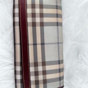 Burberry Beige Plaid Pouch with Burgundy Leather Trim